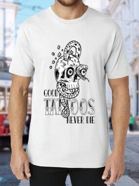 White Graphic Tee with Skull & Snake Tattoo Design